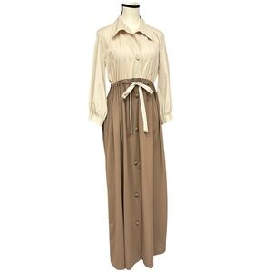 Vintage 70s Beige Brown Colorblock Button Front Maxi Dress Tie Waist